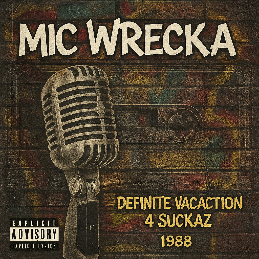Album cover for “Mic Wrecka” by Definite Vacation 4 Suckaz — produced by DBeatz100, written by P. Diaz & R. Taylor. Vintage 1988 hip-hop design with old-school microphone, cassette texture, graffiti fonts, and Explicit Lyrics sticker.