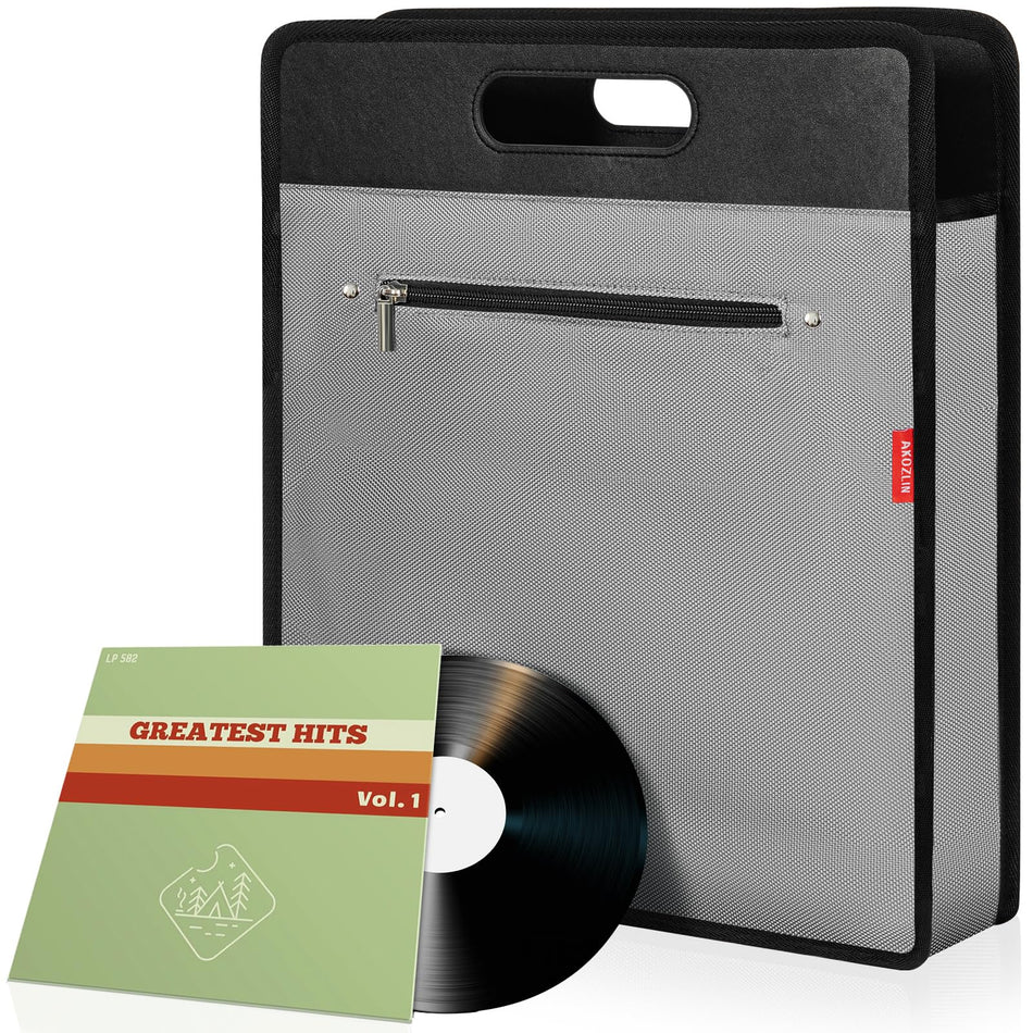 AKOZLIN Vinyl Record Travel Carrying BagLP Records Durable Vinyl Albums Case For Most 7" 10" 12" LP Grey