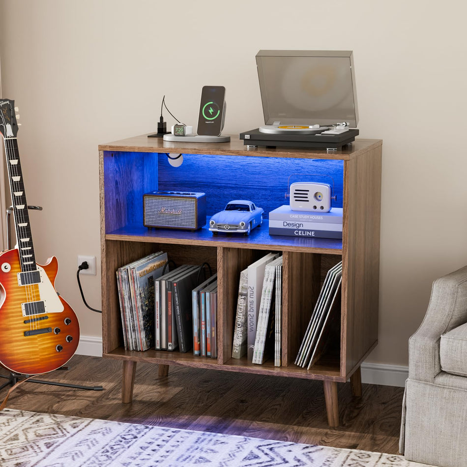VINGLI Record Player Stand with Open Vinyl Storage Mid-Century Album Storage Table with LED Light up to 300 Albums Vinyl Record Player Shelf with Power Outlet for Living Room Walnut