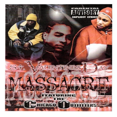 Album cover for “St. Valentine’s Day Massacre” by The Chicago Outfitters — produced by Kay-Tone, RaBiez, Sire Sinsai & Malik The Black Genovese. Vintage mob-era Chicago aesthetic with red and black tones, bullet holes, smoke, and Explicit Lyrics sticker.
