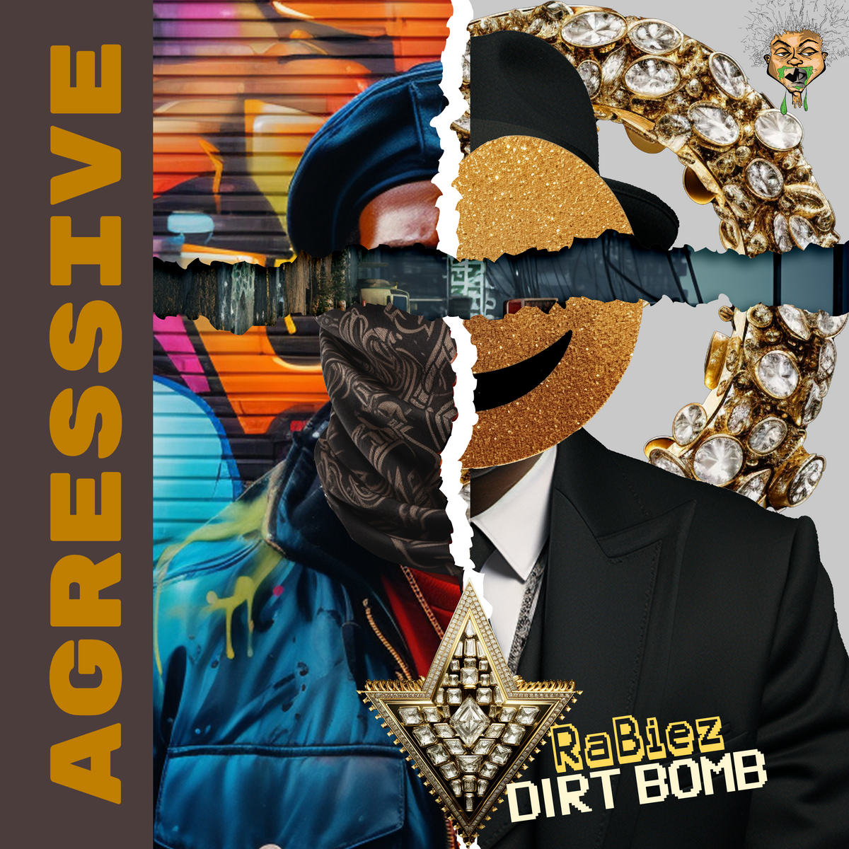 Collage of a person wearing a suit with decorative elements and text 'AGRESSIVE' and 'RaBiez Dirt Bomb'.