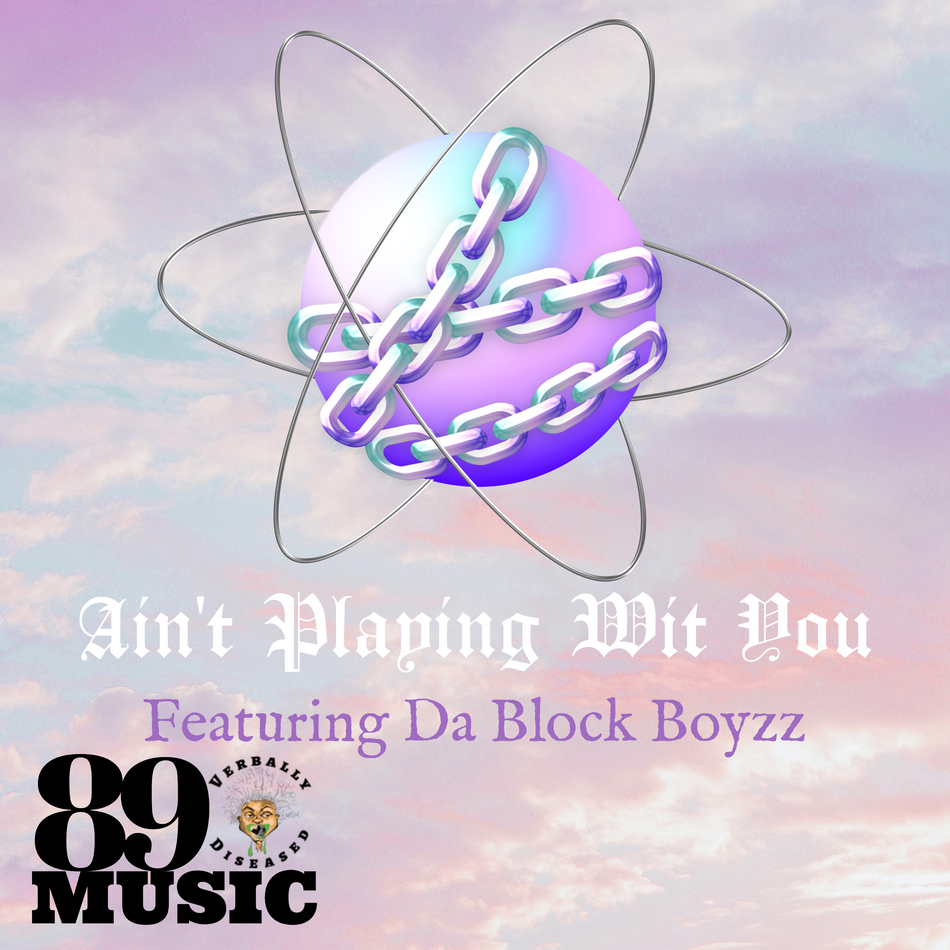 Album cover with a chain and atom design on a pastel gradient background, featuring text about music and a brand.