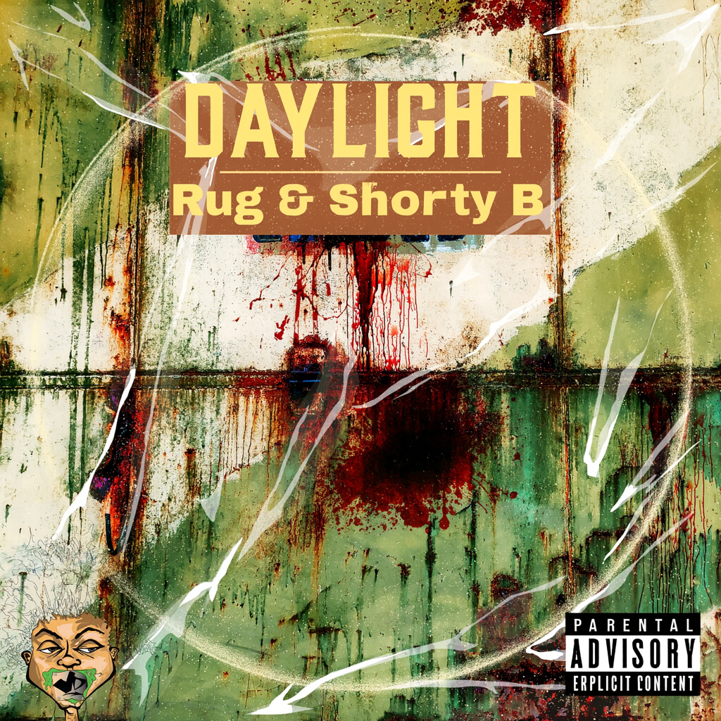 Album cover for “Daylight” by Rug featuring Short B — produced by Red. Warm Chicago hip-hop artwork with sunrise lighting, graffiti text, and Parental Advisory label.