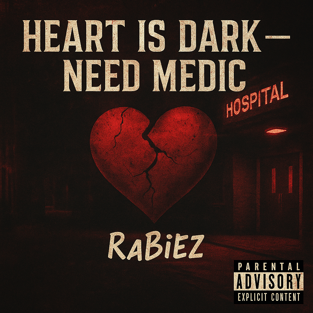 Album cover for “Heart Is Dark — Need Medic” by RaBiez — produced by Streety Blvd. Dark emotional Chicago hip-hop artwork featuring somber lighting, graffiti text, and Parental Advisory label.