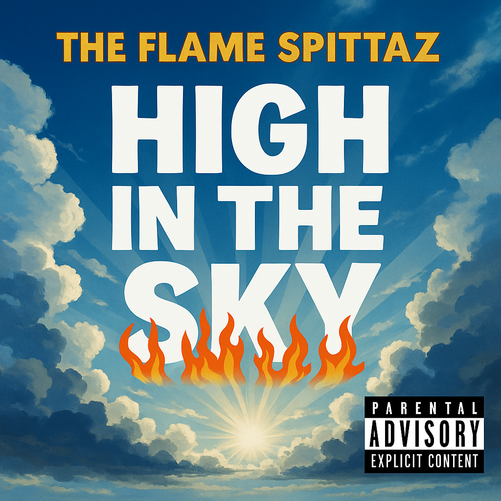 Album cover for “High In The Sky” by The Flame Spittaz — upbeat Chicago hip-hop artwork with sky imagery, graffiti-style text, and Parental Advisory label.