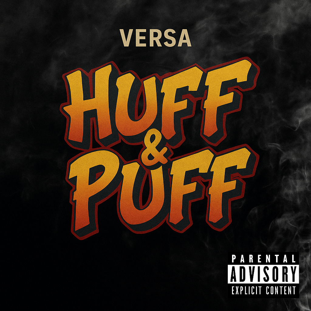 Album cover for “Huff & Puff” by Versa — produced by Sire Sinsai aka Da Killa Sin. Gritty Chicago hip-hop artwork with smoky textures, bold graffiti lettering, and Parental Advisory label.
