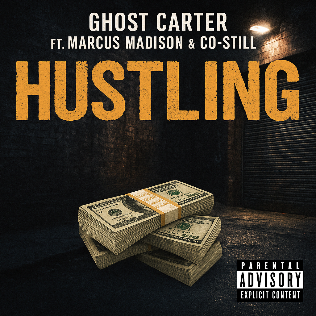 Album cover for “Hustling” by Ghost Carter ft. Marcus Madison & Co-Still — produced by DBeatz100. Gritty Chicago hip-hop artwork featuring urban textures, money grind theme, and Parental Advisory label.