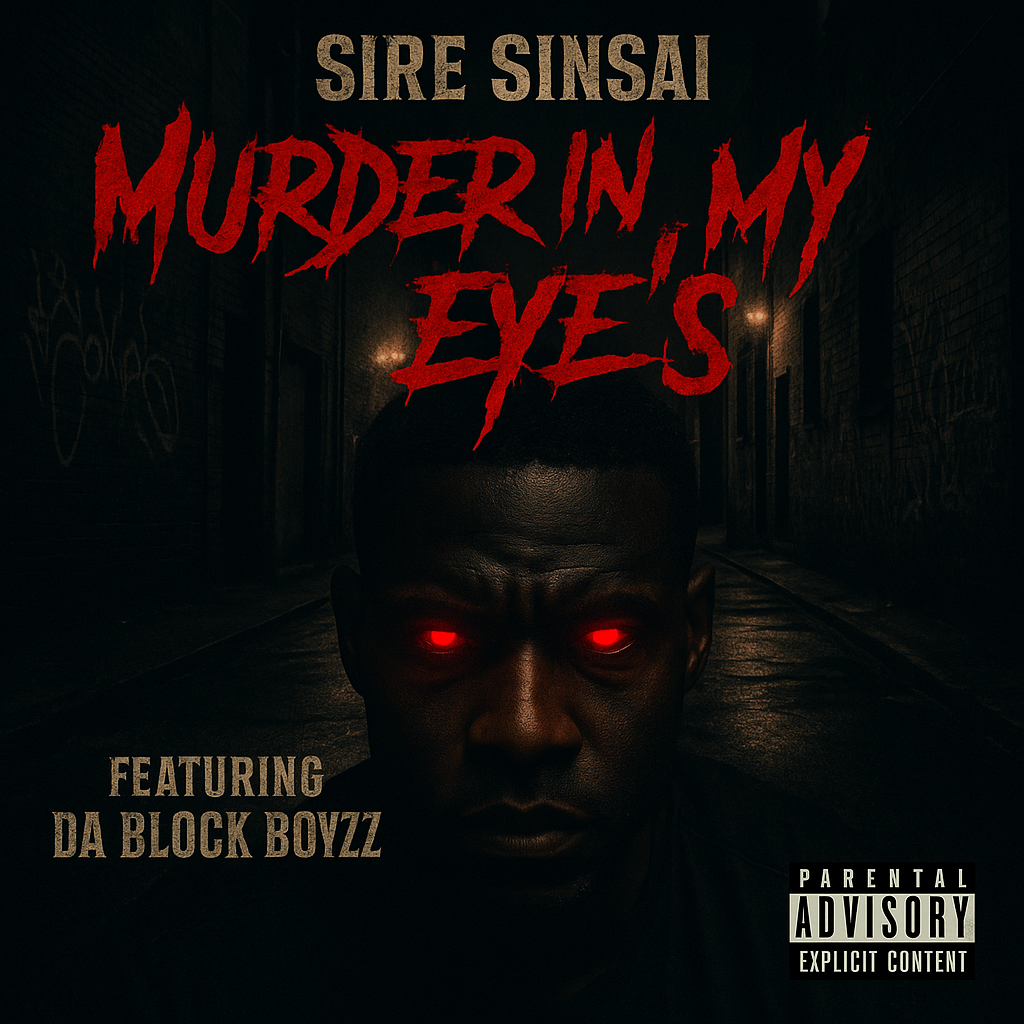 Album cover for “Murder In My Eye’s” by Sire Sinsai featuring Da Block Boyzz — produced by O.J. Beats & Da Killa Sin. Dark, emotional Chicago hip-hop artwork with gritty tones, graffiti title, and intense street energy.
