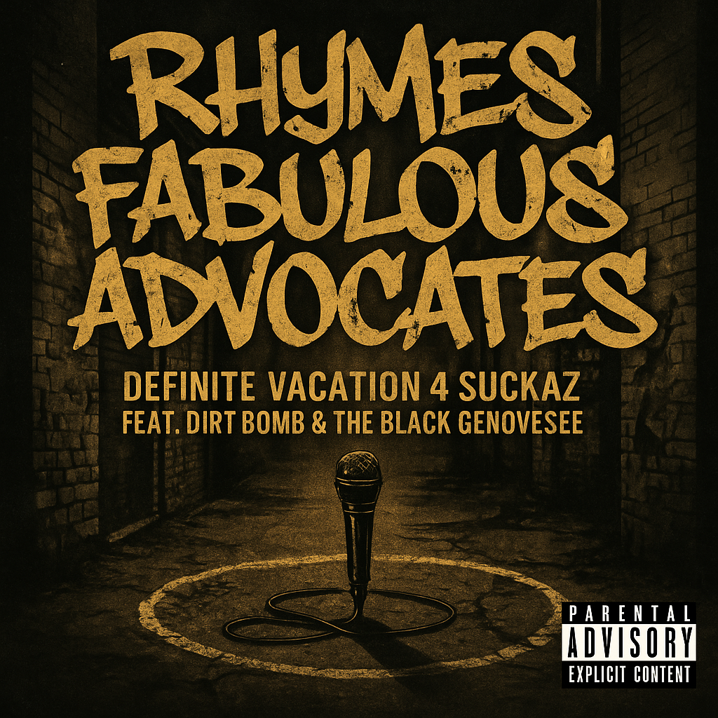 Album cover for “Rhymes Fabulous Advocates” by Definite Vacation 4 Suckaz ft. Dirt Bomb & The Black Genovese — produced by Sire Sinsai (Da Killa Sin). Gritty hip-hop artwork with graffiti text, dark tones, and lyrical intensity.