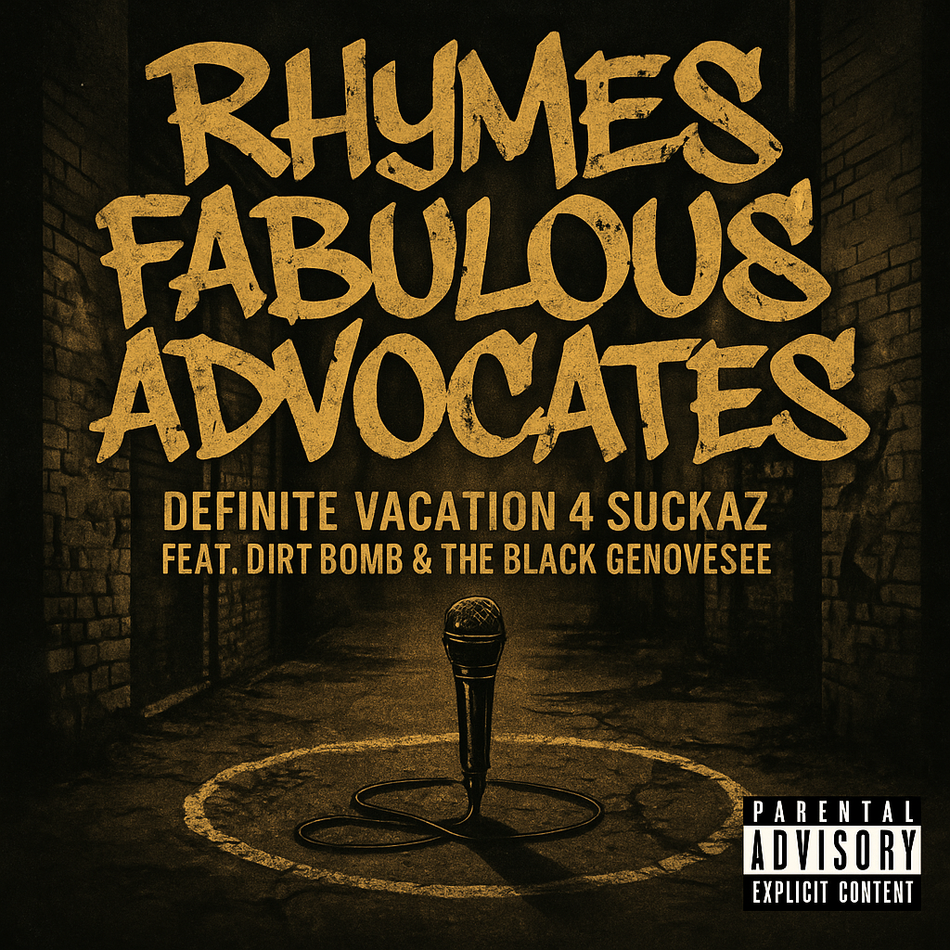 Album cover for “Rhymes Fabulous Advocates” by Definite Vacation 4 Suckaz ft. Dirt Bomb & The Black Genovese — produced by Sire Sinsai (Da Killa Sin). Gritty hip-hop artwork with graffiti text, dark tones, and lyrical intensity.