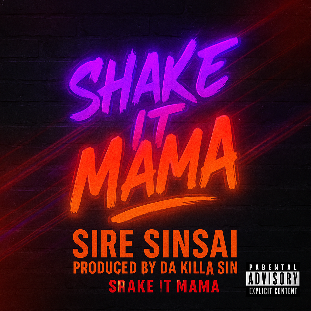 Album cover for “Shake It Mama” by Sire Sinsai — produced by Da Killa Sin, written by P. Diaz. Urban club-style hip-hop artwork with neon colors, dance energy, and graffiti title design.