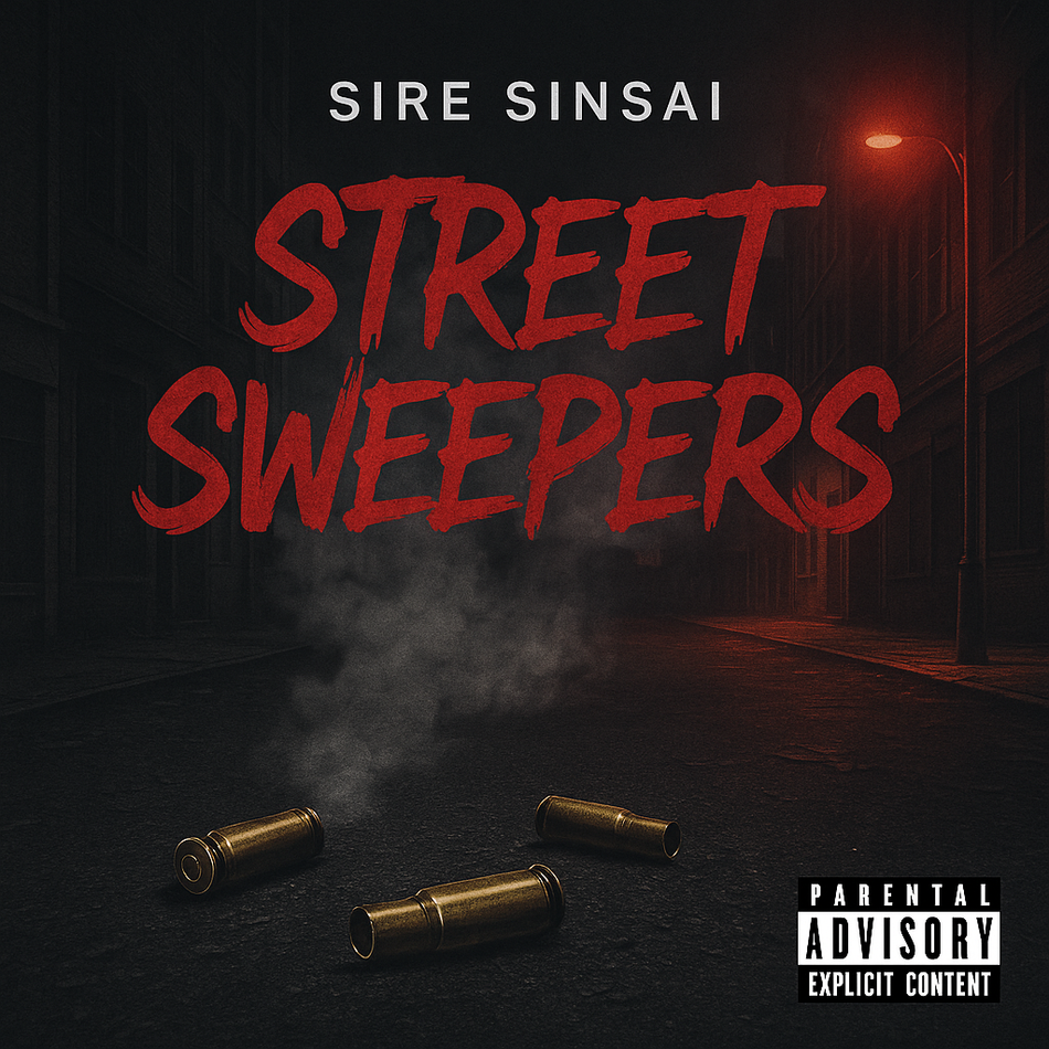 Album cover for “Street Sweepers” by Sire Sinsai — produced by Da Killa Sin, written by P. Diaz. Gritty Chicago street artwork with bullet shells, graffiti title, and an intense dark tone.