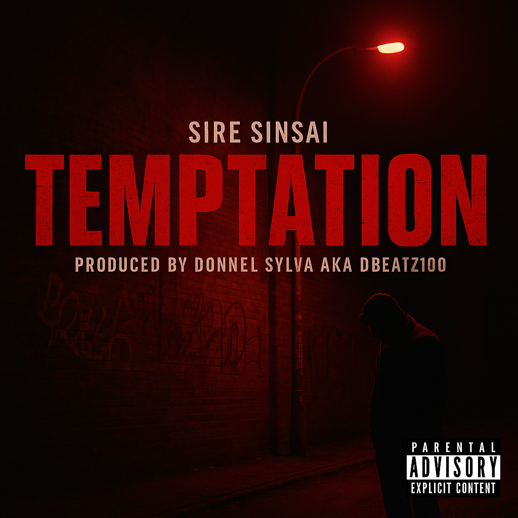 Album cover for “Temptation” by Sire Sinsai — produced by DBeatz100, written by P. Diaz. Dark Chicago hip-hop artwork with moody red and black tones, emotional lighting, and a reflective atmosphere.