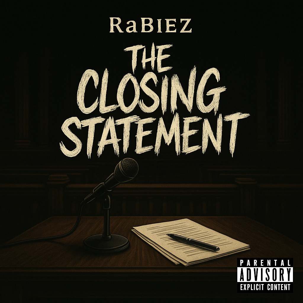 Album cover for “The Closing Statement” by RaBiez — produced by Streety Blvd, written by R. Taylor. Dramatic Chicago hip-hop artwork with courtroom energy, pen and mic imagery, and an introspective mood.