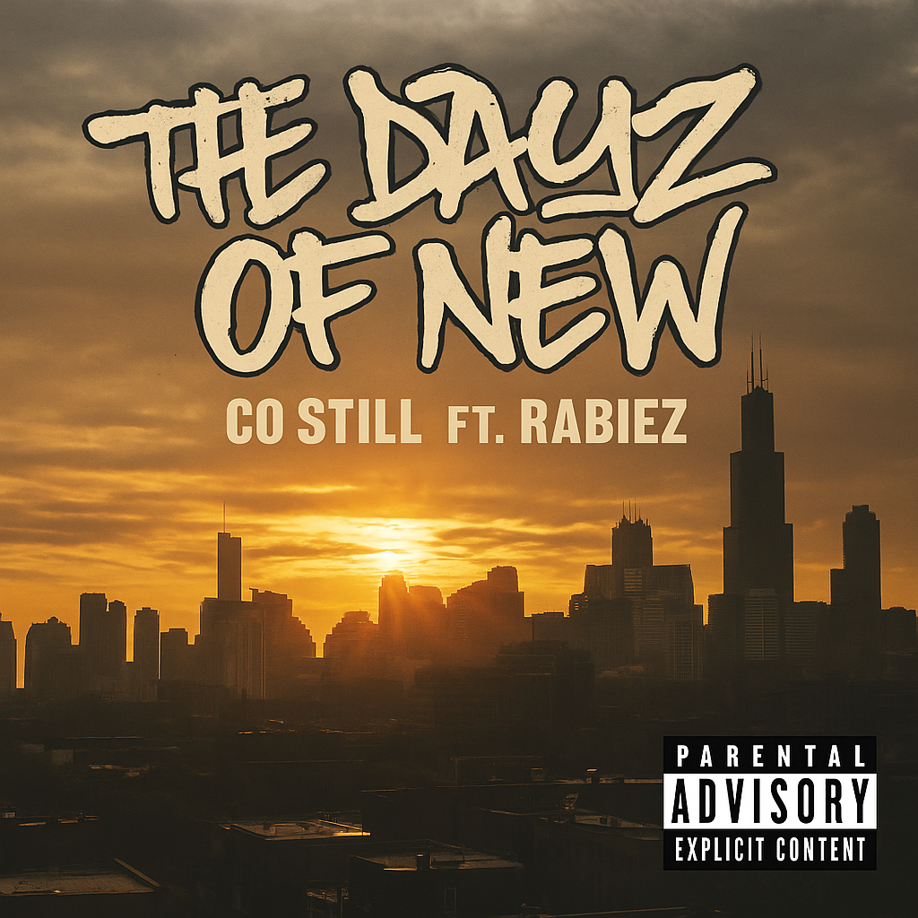 Album cover for “The Dayz Of New” by Co Still ft. RaBiez — produced by Kay Tone, written by C. Hunter and R. Taylor. Chicago cityscape artwork symbolizing change and new beginnings, with graffiti title text and warm tones.