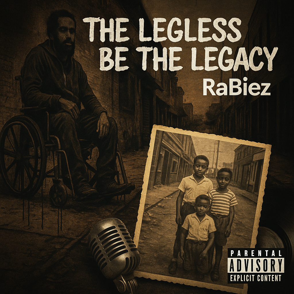 Album cover for “The Legless Be The Legacy” by RaBiez — produced by DBeatz100 with DJ Ope-Ski, featuring gritty Chicago street imagery, legacy symbolism, and graffiti-style text.