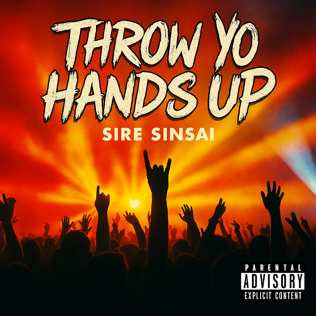 Album cover for “Throw Yo Hands Up” by Sire Sinsai — produced by Da Killa Sin, featuring a crowd with raised hands, urban stage lighting, and graffiti title text.