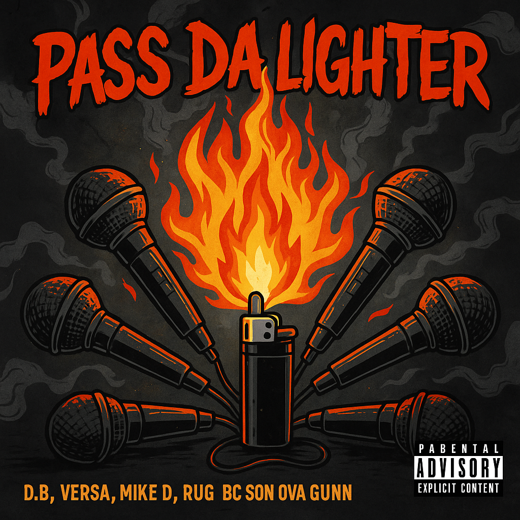 Album cover for “Pass Da Lighter” featuring D.B, Versa, Mike D, Rug, BC Son Ova Gunn, and Young Chuck — Chicago cypher artwork with fire and smoke effects, graffiti text, and an intense street vibe.