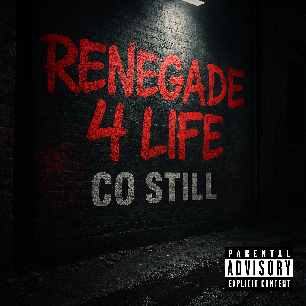Album cover for “Renegade 4 Life” by Co Still — produced by Philosophy, written by C. Hunter. Urban Chicago-style hip-hop artwork with gritty textures, bold red and black tones, and strong underground energy.