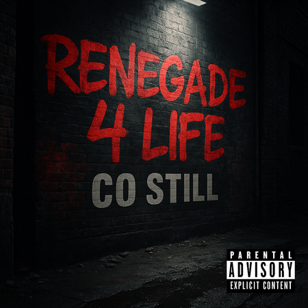 Album cover for “Renegade 4 Life” by Co Still — produced by Philosophy, written by C. Hunter. Urban Chicago-style hip-hop artwork with gritty textures, bold red and black tones, and strong underground energy.