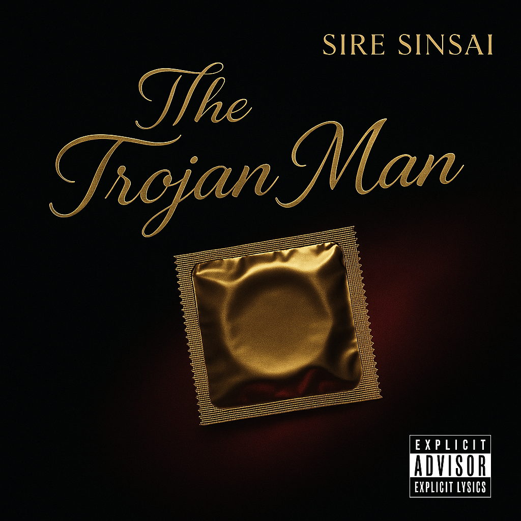 Album cover for “The Trojan Man” by Sire Sinsai — produced by Donnel Sylva aka DBeatz100 and written by P. Diaz. Bold, cinematic urban artwork featuring a Trojan helmet silhouette with red and gold tones and Explicit Lyrics sticker.