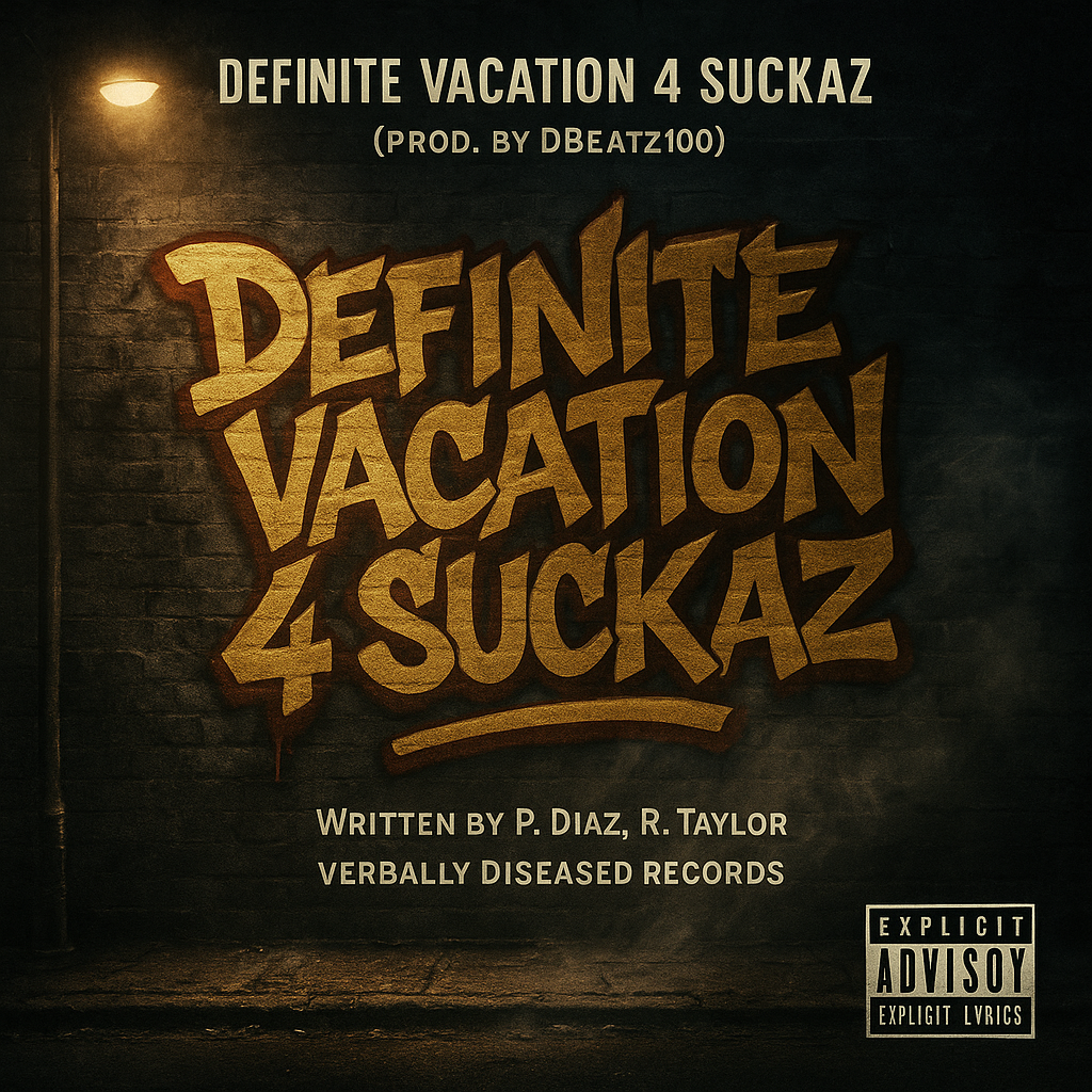 Album cover for “Definite Vacation 4 Suckaz” by Definite Vacation 4 Suckaz — produced by DBeatz100, written by P. Diaz & R. Taylor. Classic South Side graffiti design, street block background, bold gold lettering, and Explicit Lyrics sticker.