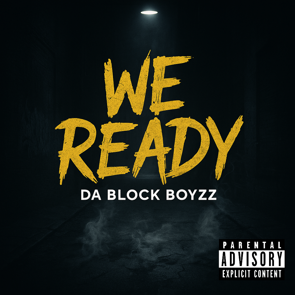 Album cover for “We In Now” by Da Block Boyzz — produced by DBeatz100, written by M. Diaz and Q. Lester. Gritty Chicago street art with bold graffiti lettering and Explicit Lyrics sticker.