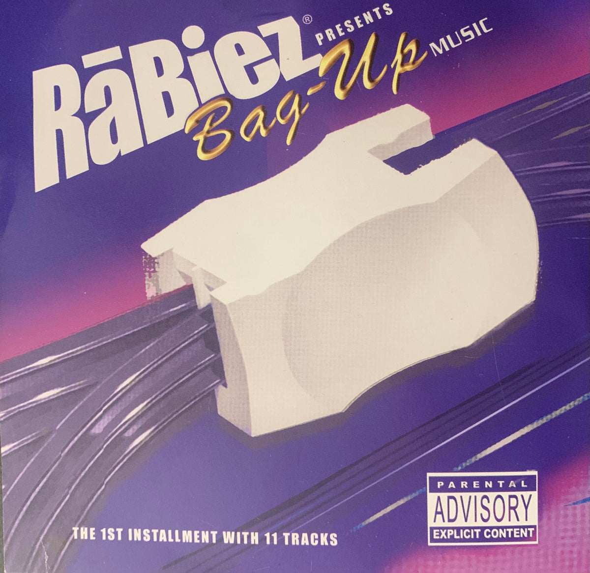 Album cover for “Bag Up Music” by RaBiez — featuring Dirt Bomb, produced by RaBiez & Streety Blvd. Money bag imagery, dark Chicago street backdrop, graffiti lettering, and Explicit Lyrics sticker.
