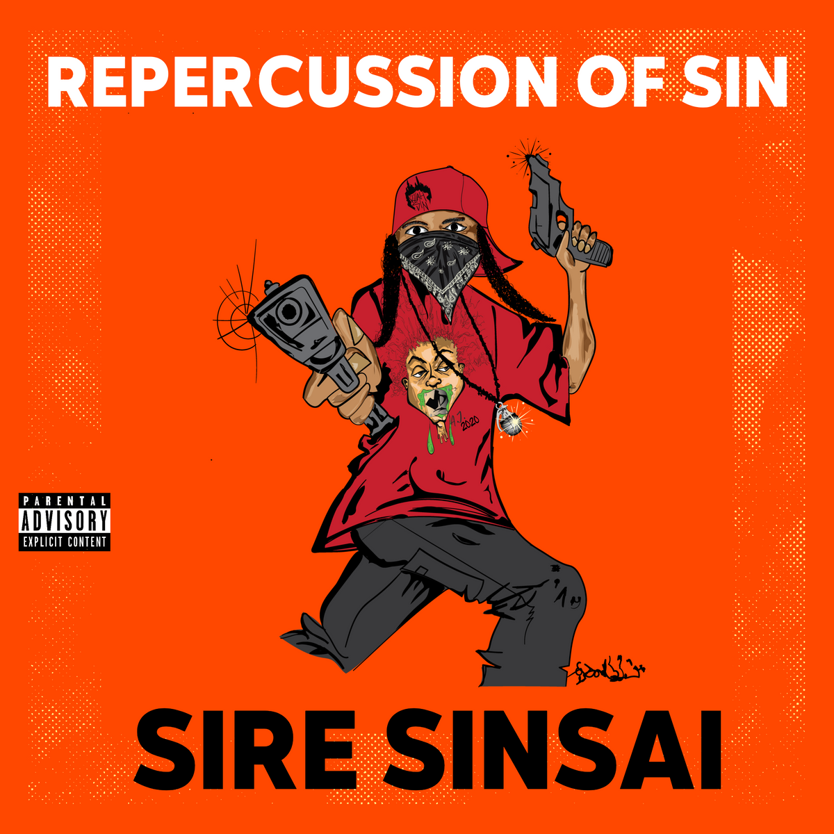 Album cover for “Repercussions of Sin” by Sire Sinsai aka Da Killa Sin — produced by O.J. Beats and DBeatz100. Memorial tribute artwork with dark smoke, red and black tones, angelic glow, and Explicit Lyrics sticker.
