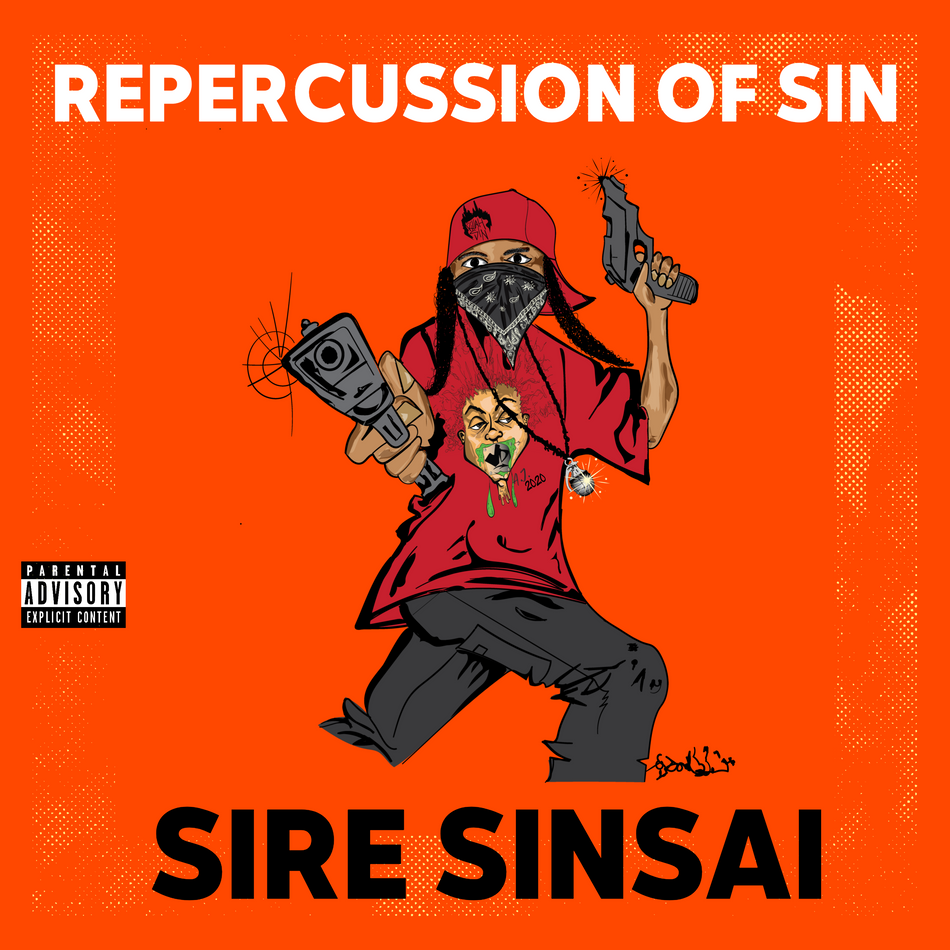 Album cover for “Repercussions of Sin” by Sire Sinsai aka Da Killa Sin — produced by O.J. Beats and DBeatz100. Memorial tribute artwork with dark smoke, red and black tones, angelic glow, and Explicit Lyrics sticker.