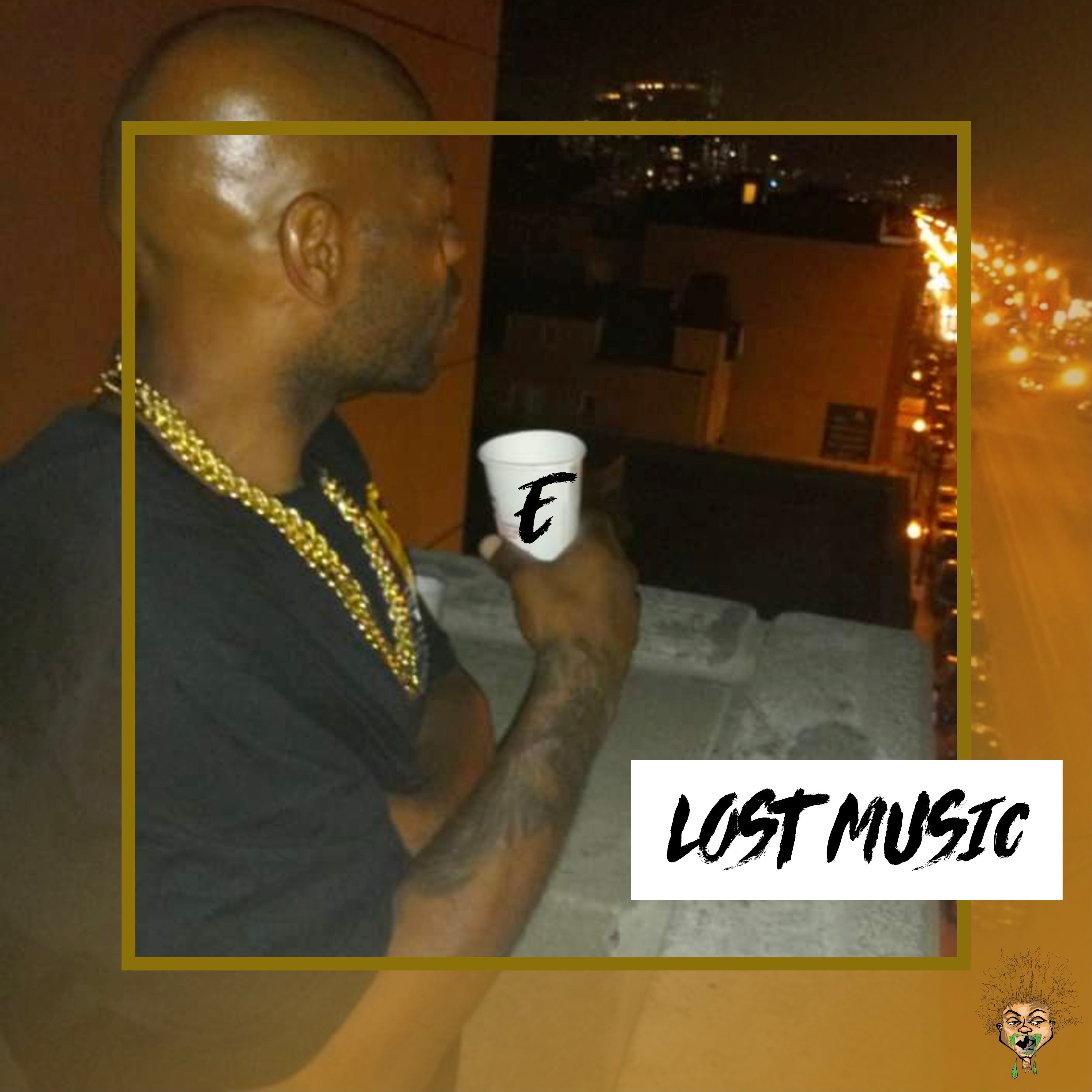 Album cover for “Lost Music” by E — produced by Freks, RaBiez & G Flex. Soulful Chicago street aesthetic with faded graffiti wall, cracked vinyl texture, and Explicit Lyrics sticker.