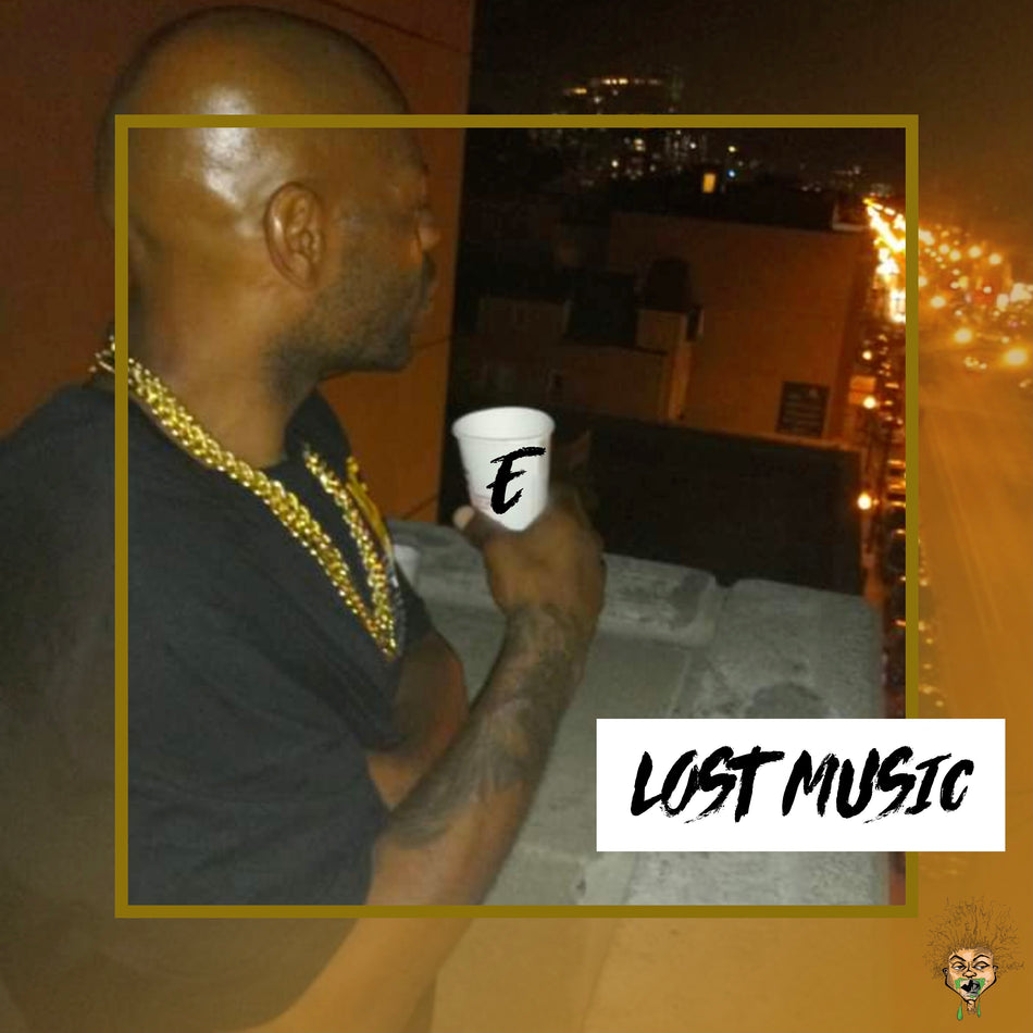Album cover for “Lost Music” by E — produced by Freks, RaBiez & G Flex. Soulful Chicago street aesthetic with faded graffiti wall, cracked vinyl texture, and Explicit Lyrics sticker.