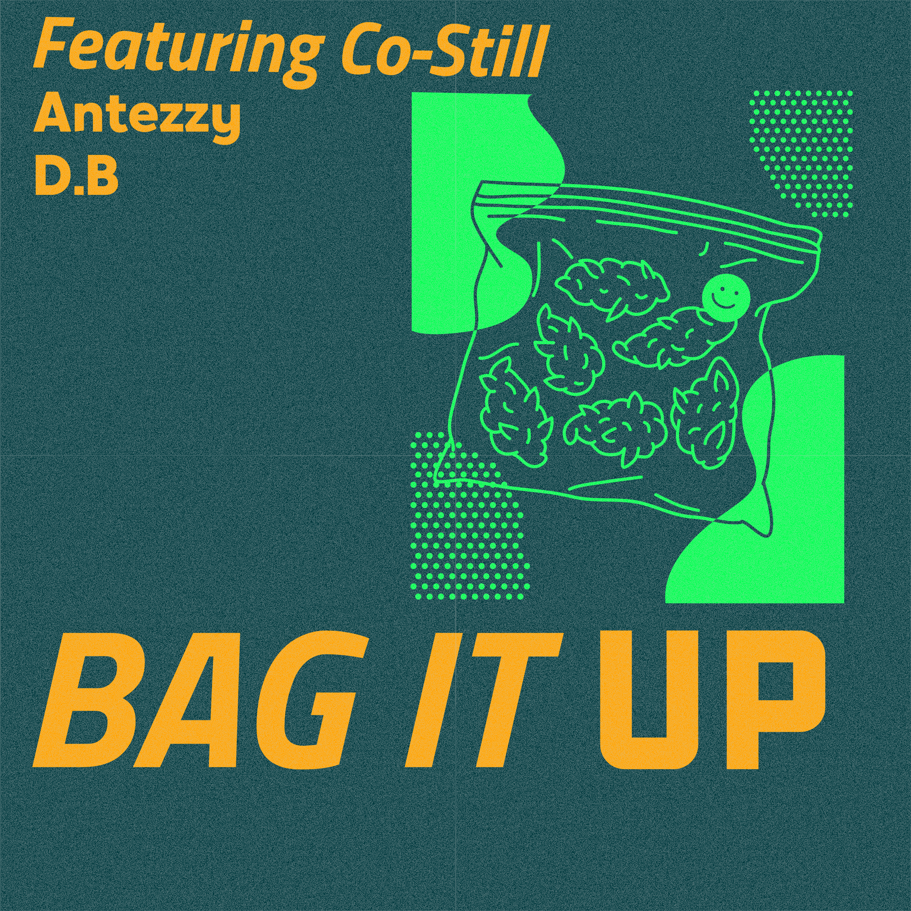Album cover for “Bag It Up” by Co-Still featuring Antezzy and D.B — produced by Antezzy. Hustle-inspired Chicago hip-hop design with urban backdrop, bold graffiti-style text, and Verbally Diseased Records branding.