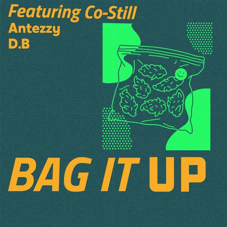 Album cover for “Bag It Up” by Co-Still featuring Antezzy and D.B — produced by Antezzy. Hustle-inspired Chicago hip-hop design with urban backdrop, bold graffiti-style text, and Verbally Diseased Records branding.