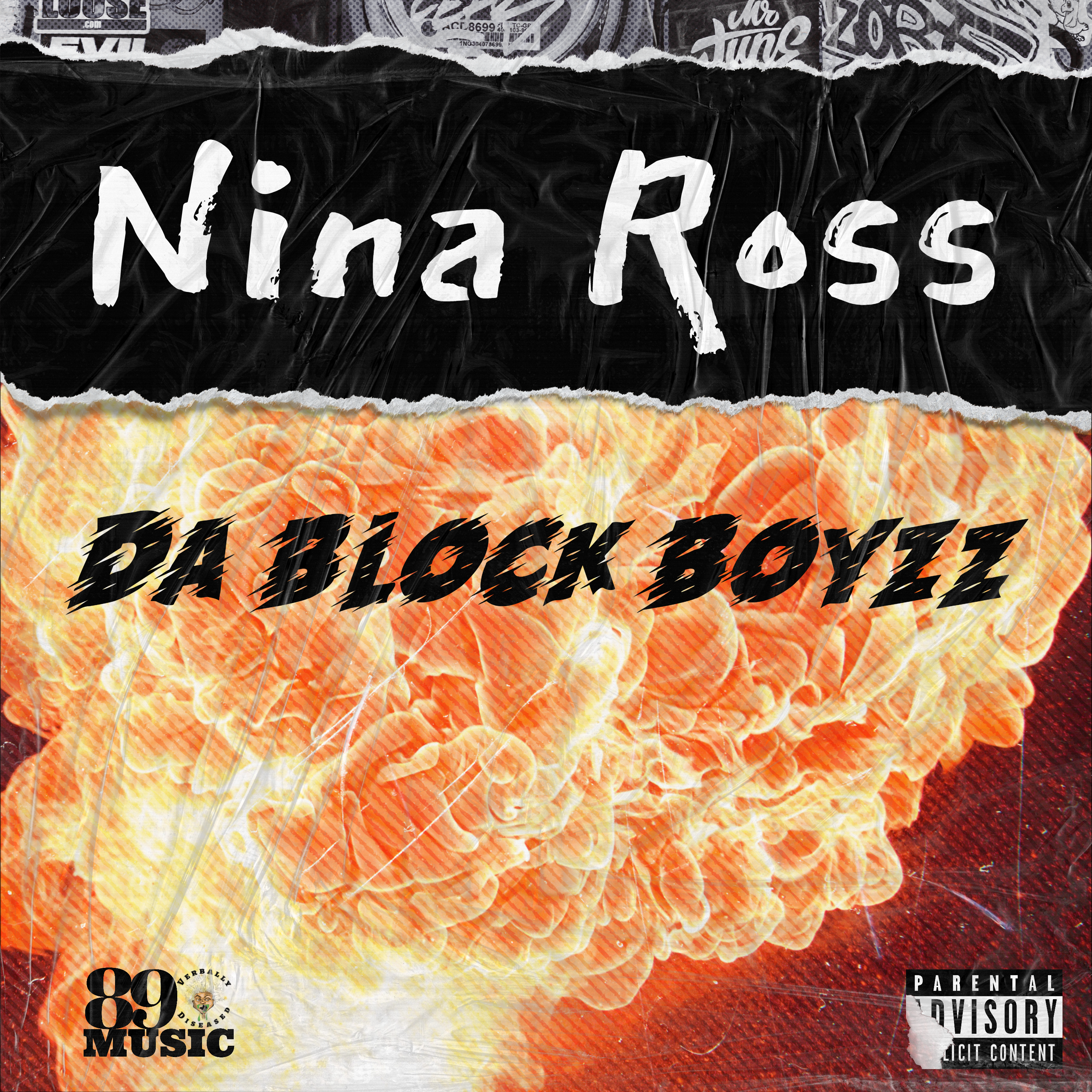Album cover for “Nina Ross” by Da Block Boyzz — produced by DBeatz100, written by M. Diaz and Q. Lester. Chicago street hip-hop artwork with bold graffiti text, dark red and gray tones, and gritty energy.