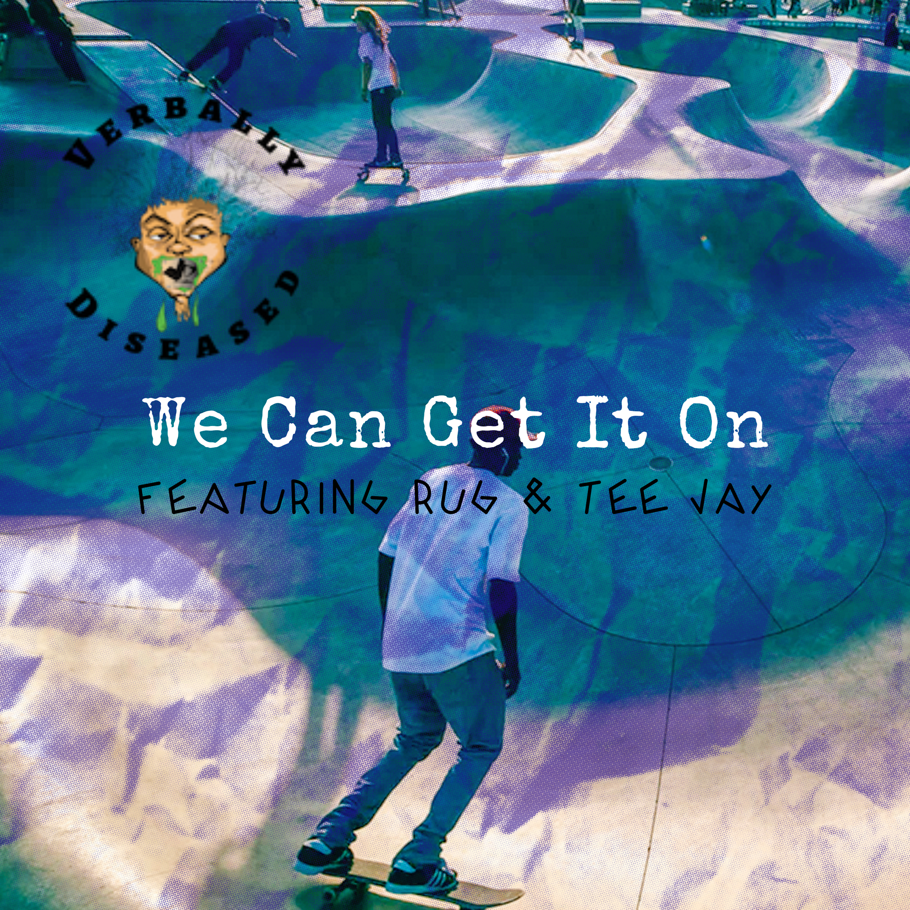 Album cover for “We Can Get It On” by Rug — produced by Sire Sinsai aka Da Killa Sin, written by Q. Lester and T. Muqqddimm. Gritty Chicago street art with confident tone and graffiti title lettering.