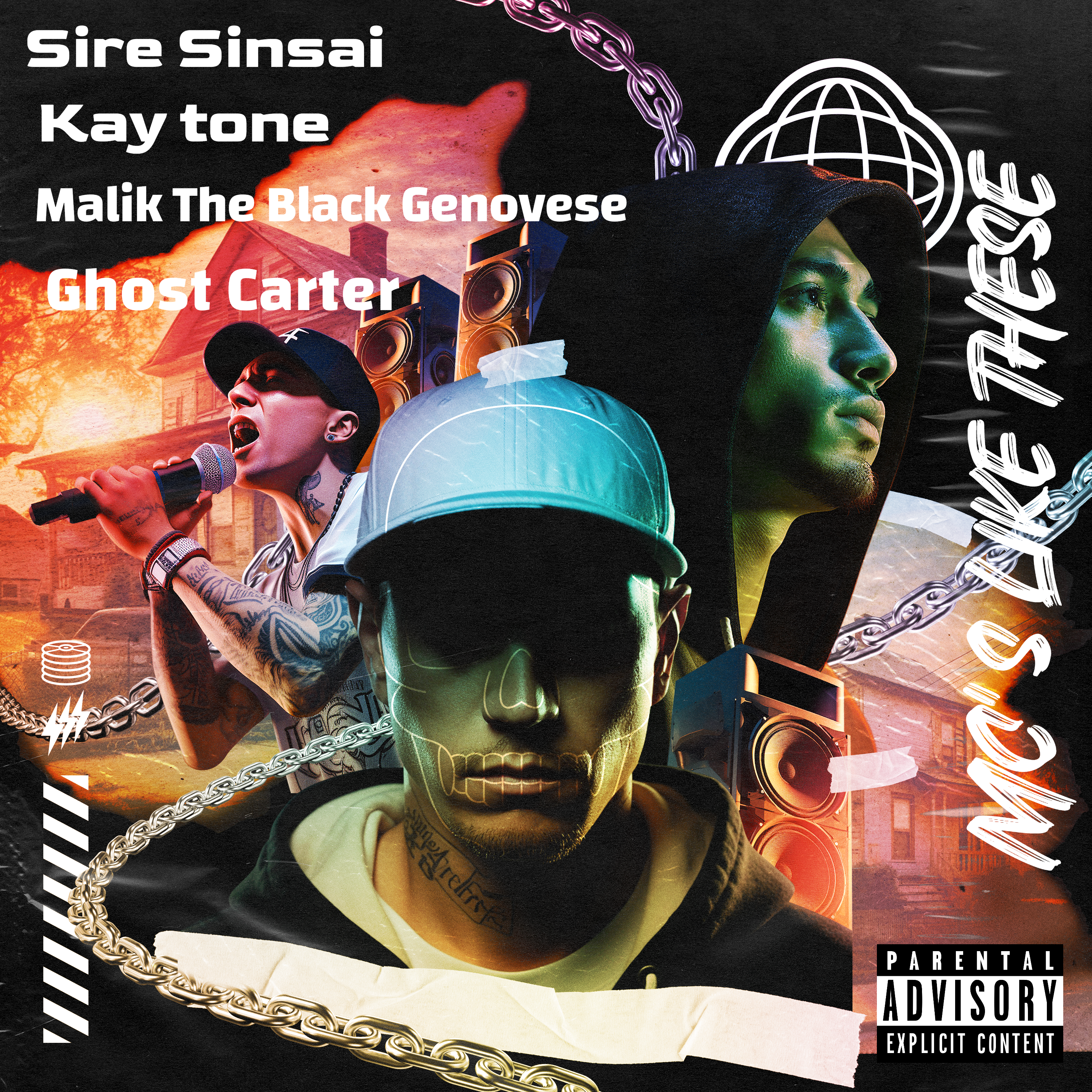 Album cover for “MC’s Like These” featuring Sire Sinsai, Kay-Tone, Malik The Black Genovese, and Ghost Carter — produced by Kay-Tone. Gritty Chicago hip-hop aesthetic with graffiti text and cypher-style energy.