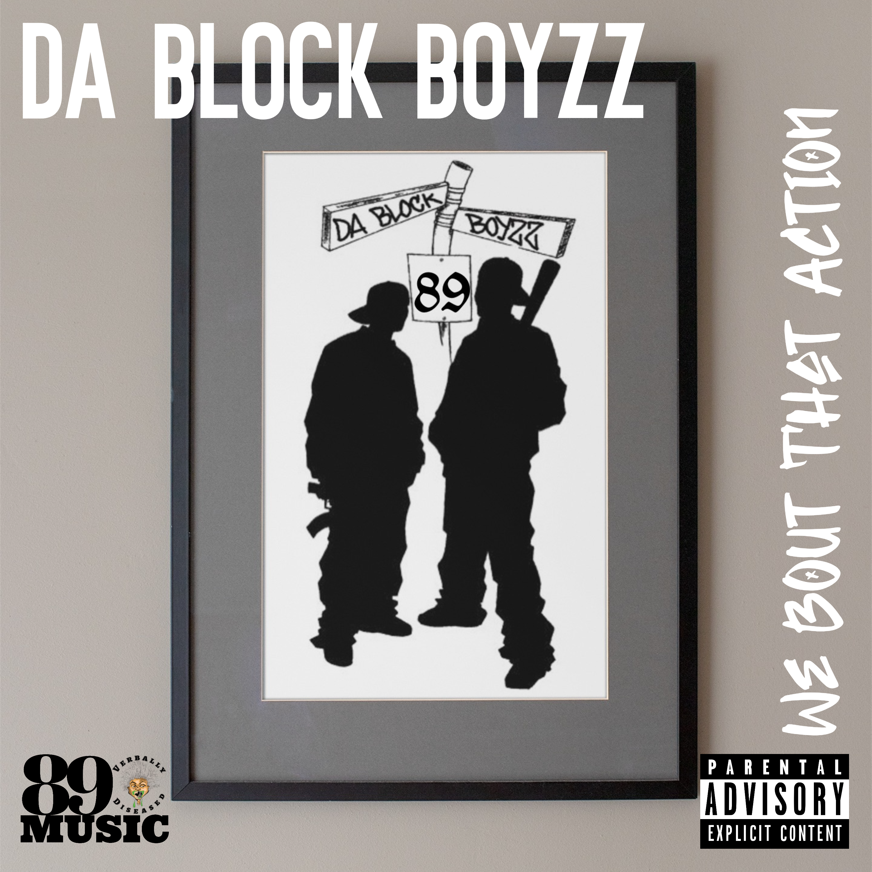 Album cover for “We Bout That Action” by Da Block Boyzz — produced by RaBiez, written by M. Diaz and Q. Lester. Intense Chicago street art with red and black tones, graffiti-style title, and hard hip-hop energy.
