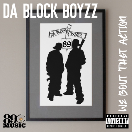 Album cover for “We Bout That Action” by Da Block Boyzz — produced by RaBiez, written by M. Diaz and Q. Lester. Intense Chicago street art with red and black tones, graffiti-style title, and hard hip-hop energy.