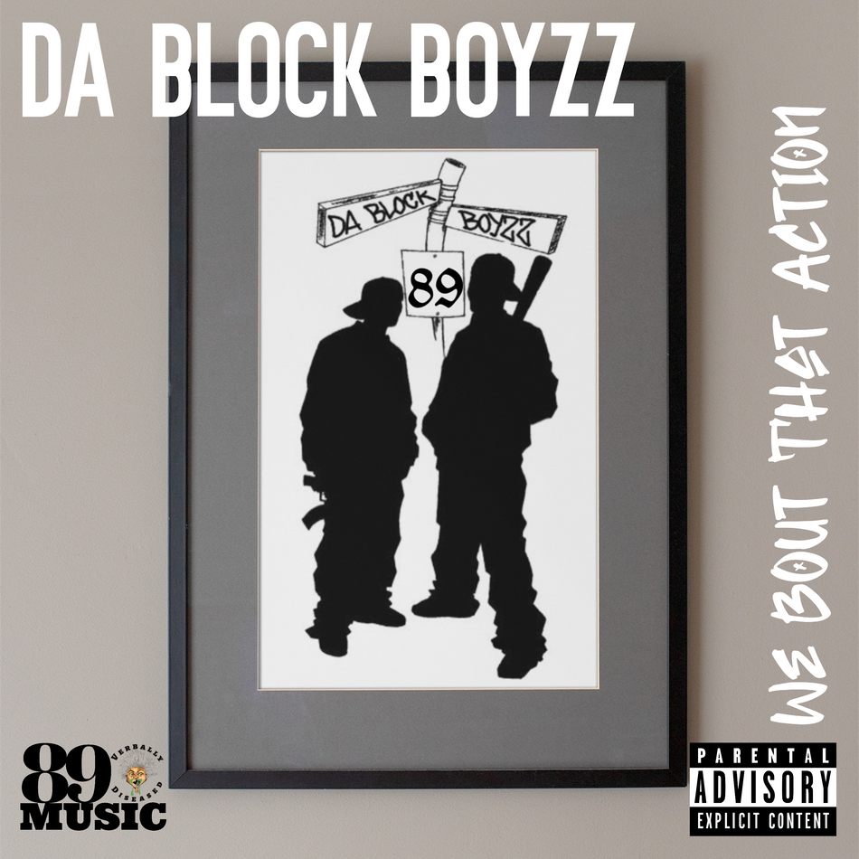 Album cover for “We Bout That Action” by Da Block Boyzz — produced by RaBiez, written by M. Diaz and Q. Lester. Intense Chicago street art with red and black tones, graffiti-style title, and hard hip-hop energy.