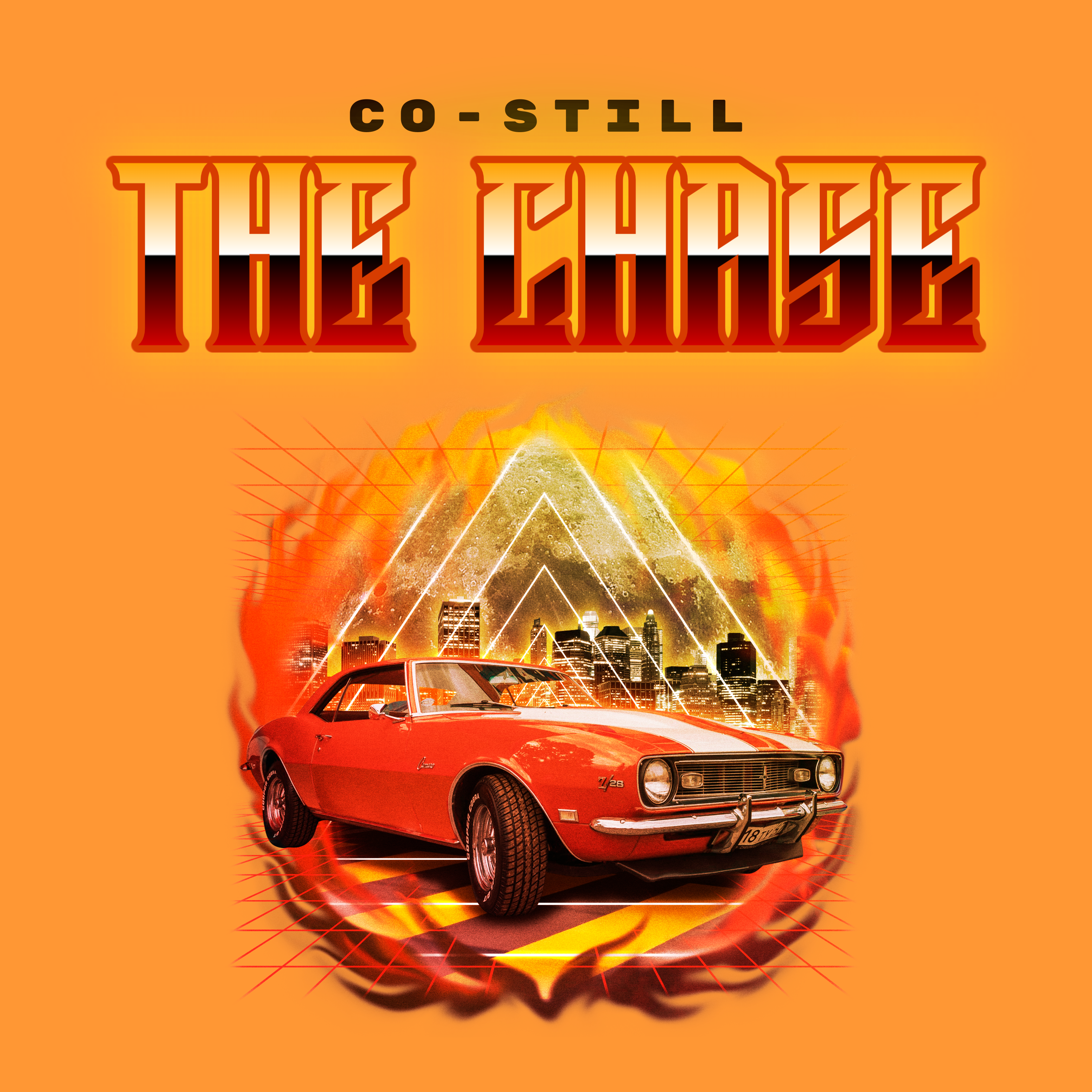 Album cover for “The Chase” by Co Still — produced by Kay Tone, written by C. Hunter. Dark Chicago city artwork featuring motion blur, headlights, and gritty graffiti title text.