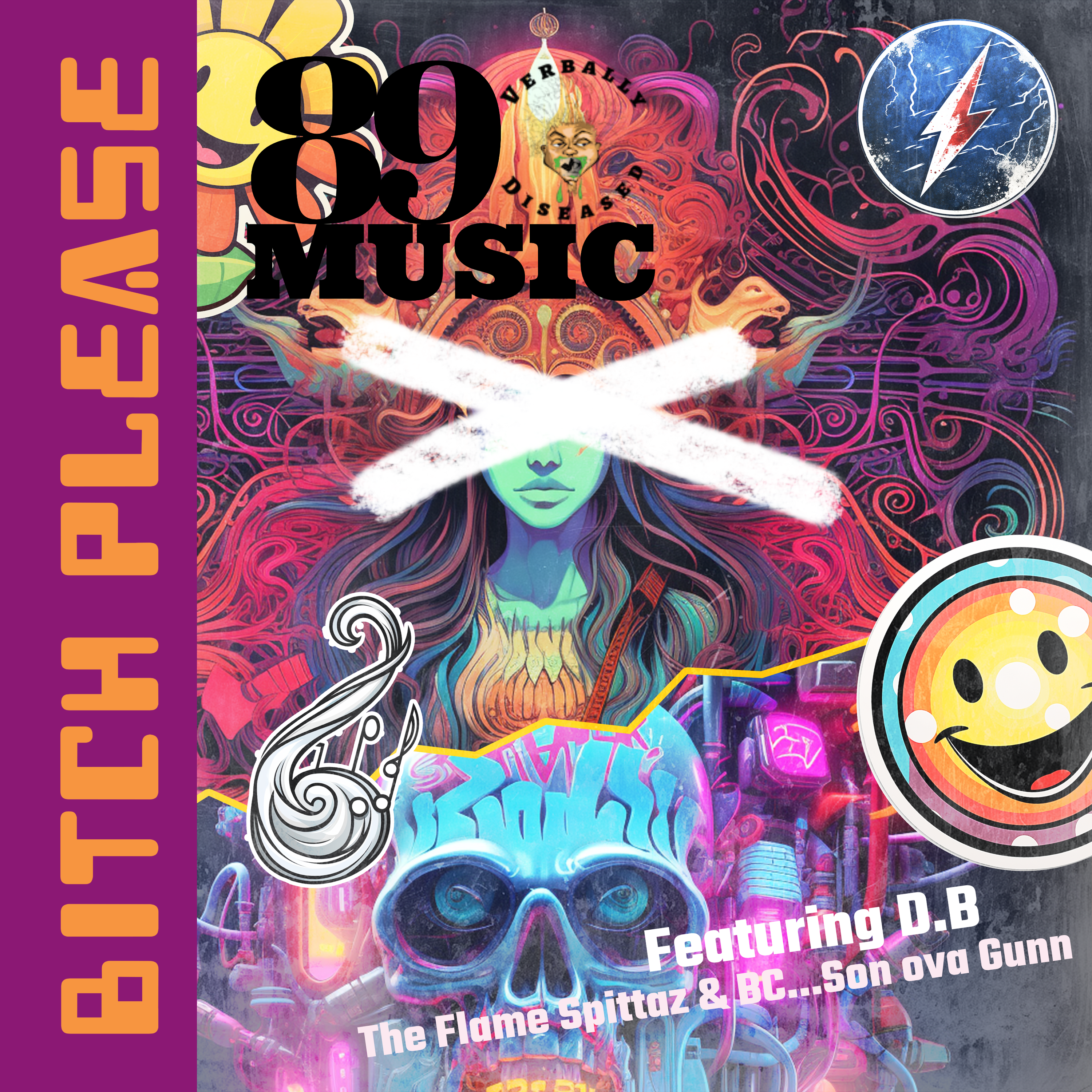Album cover for “Bitch Please” by D.B featuring The Flame Spittaz and BC Son Ova Gunn — gritty Chicago street-style hip-hop design with bold graffiti text and Parental Advisory sticker.