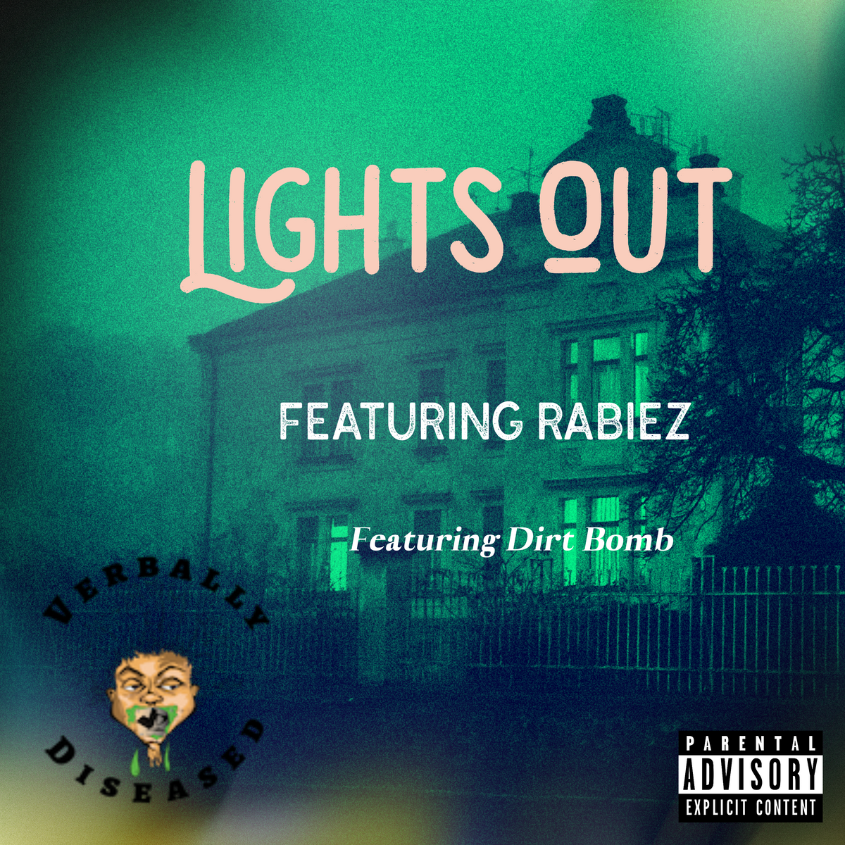 Album cover for “Lights Out” by RaBiez featuring Dirt Bomb — written by Ravaughn Taylor and Dirt Bomb, produced by RaBiez. Dark, gritty Chicago hip-hop artwork with bold graffiti-style lettering and urban energy.