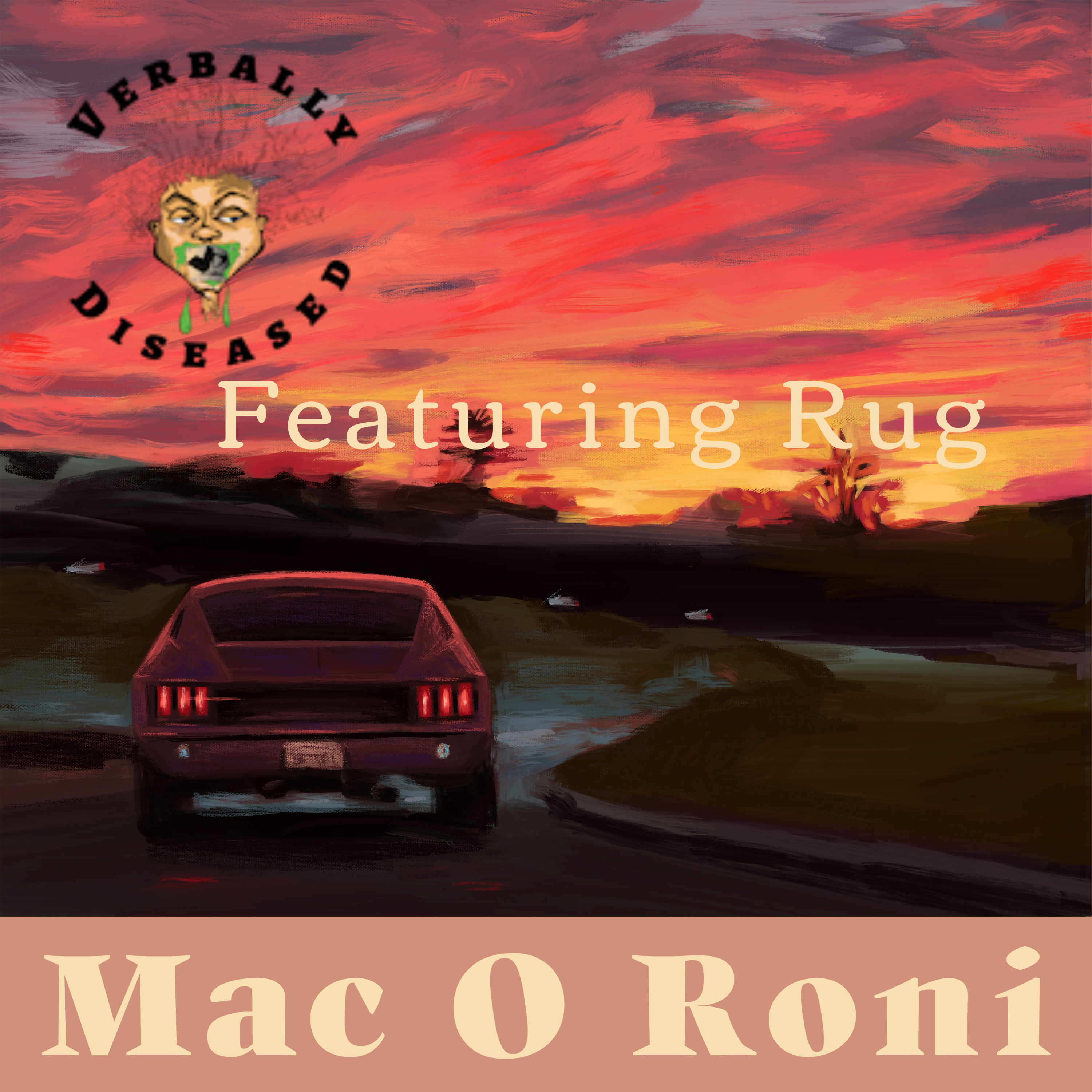 Album cover for “Mac O Roni” by Rug — written by Q. Lester, produced by Sire Sinsai aka Da Killa Sin. Gritty Chicago hip-hop artwork with dark street tones, graffiti-style text, and bold energy.