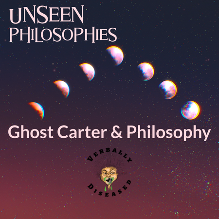 Album cover for “Unseen Philosophies” by Philosophy ft. Ghost Carter — produced by Philosophy, written by R. Carter and P. Wallace. Abstract, soulful Chicago hip-hop artwork with reflective tones and graffiti-style text.