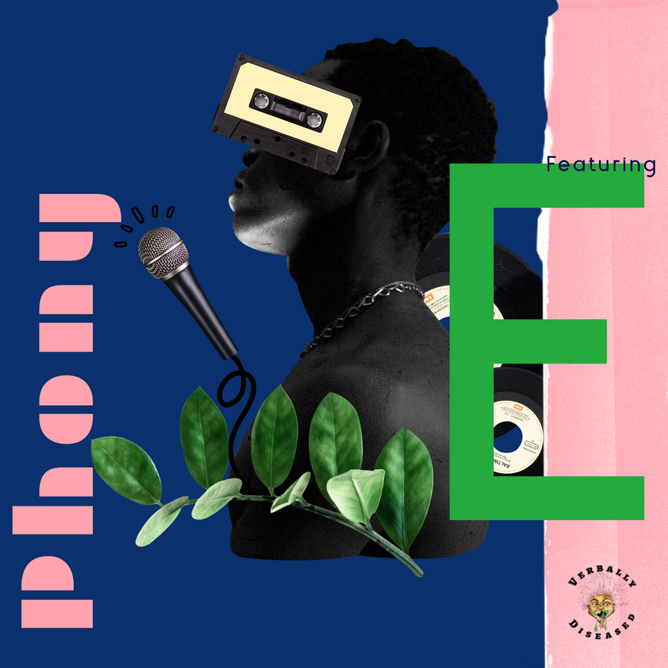 Album cover for “Phony” by E — produced by RaBiez, written by E. Thomas. Chicago hip-hop artwork with gritty urban feel, bold graffiti-style title, and raw street energy.